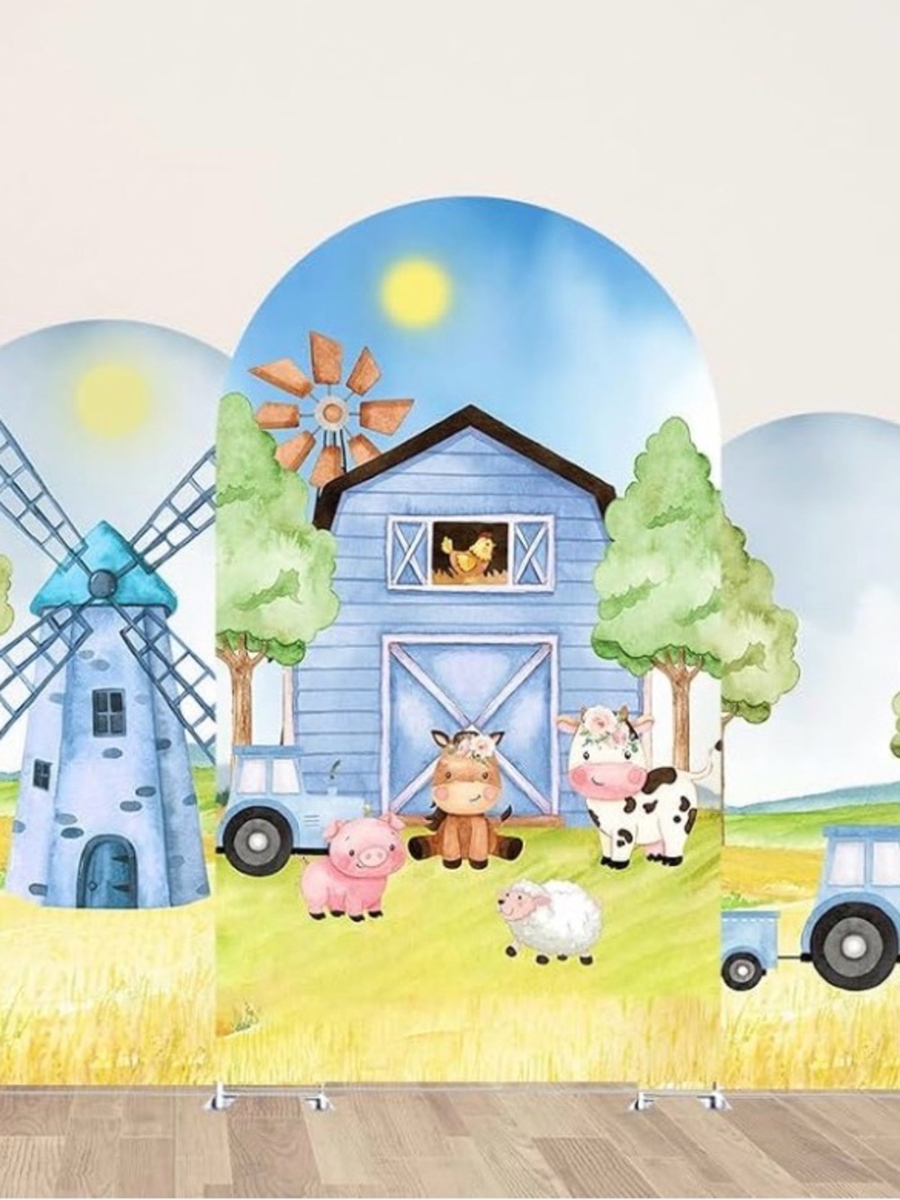 Farm Animal Playroom Backdrop - Blue Barn Kids Toy Scene